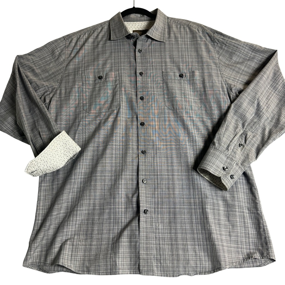 Pronto Uomo Blue Mens 2XLT Grey Plaid Button Up Dress Casual Shirt Long Sleeve
